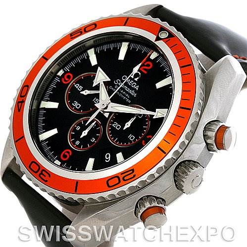 The image shows an Omega Planet Ocean 2918.50.82 Men's Stainless Steel Black Dial 2918.50.82 Men's Stainless Steel Black Dial watch at an angled view, highlighting the bezel, crown, pushers, and dial.