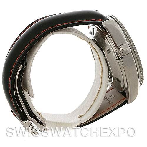 This side view of the Omega Planet Ocean 2918.50.82 Men's Stainless Steel Black Dial 2918.50.82 Men's Stainless Steel Black Dial watch highlights the case, bezel, crown, and leather strap with red stitching.