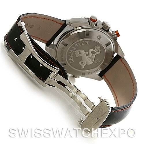 The image shows the back case and strap buckle of an Omega Planet Ocean 2918.50.82 Men's Stainless Steel Black Dial 2918.50.82 Men's Stainless Steel Black Dial watch at an angled view.