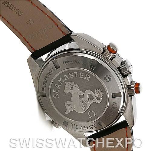 The image shows the back case and part of the strap of an Omega Planet Ocean 2918.50.82 Men's Stainless Steel Black Dial 2918.50.82 Men's Stainless Steel Black Dial Seamaster watch from a rear angle.