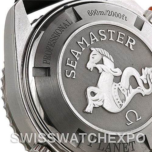 The image shows the back case of an Omega Planet Ocean 2918.50.82 Men's Stainless Steel Black Dial 2918.50.82 Men's Stainless Steel Black Dial watch, featuring the Seamaster logo and water resistance details.