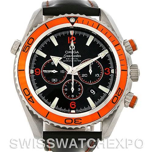 This image shows a front view of the Omega Planet Ocean 2918.50.82 Men's Stainless Steel Black Dial 2918.50.82 Men's Stainless Steel Black Dial Seamaster watch, highlighting its black dial, orange bezel, and chronograph subdials.