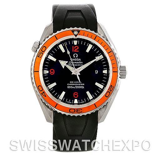 The image shows a front view of the Omega Planet Ocean 2908.50.91 Men
s Stainless Steel Black Dial 2908.50.91 Men
s Stainless Steel Black Dial watch, highlighting its black dial and orange bezel.