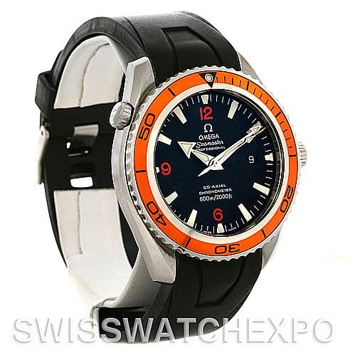 The image shows a frontal angle of the Omega Planet Ocean 2908.50.91 Men
s Stainless Steel Black Dial 2908.50.91 Men
s Stainless Steel Black Dial watch, highlighting its black dial, orange bezel, and black rubber strap.
