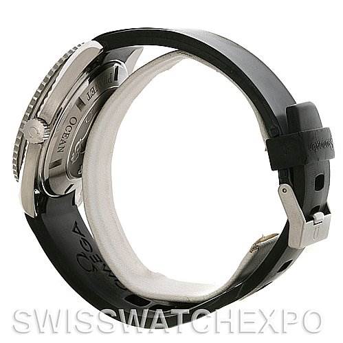 This Omega Planet Ocean 2908.50.91 Men
s Stainless Steel Black Dial 2908.50.91 Men
s Stainless Steel Black Dial watch is shown from the side, highlighting the strap and caseback.