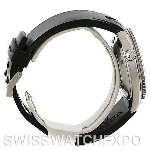 This side view of the Omega Planet Ocean 2908.50.91 Men
s Stainless Steel Black Dial 2908.50.91 Men
s Stainless Steel Black Dial watch showcases the crown, case, and black strap.