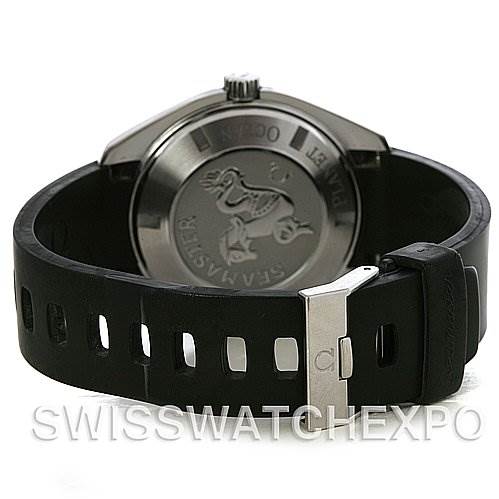 This image shows the back view of the Omega Planet Ocean 2908.50.91 Men
s Stainless Steel Black Dial 2908.50.91 Men
s Stainless Steel Black Dial watch, detailing the case back and rubber strap with clasp.