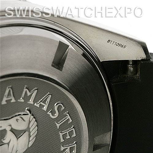 This image shows a close-up angle of the back case of an Omega Planet Ocean 2908.50.91 Men
s Stainless Steel Black Dial 2908.50.91 Men
s Stainless Steel Black Dial watch, including part of the edge and the serial number.