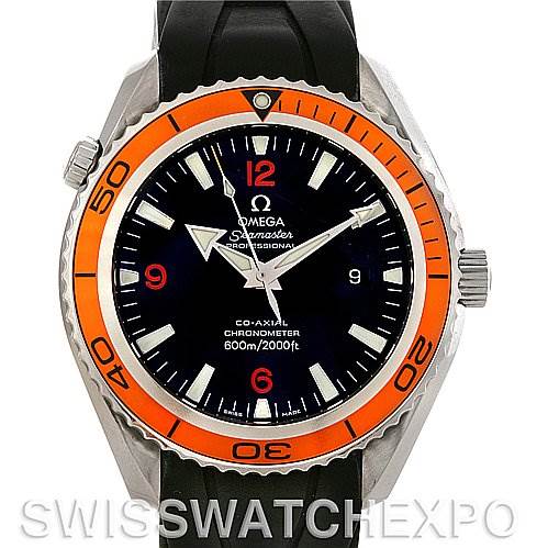 The image shows a front view of the Omega Planet Ocean 2908.50.91 Men
s Stainless Steel Black Dial 2908.50.91 Men
s Stainless Steel Black Dial watch, highlighting its black dial, orange bezel, and black strap.