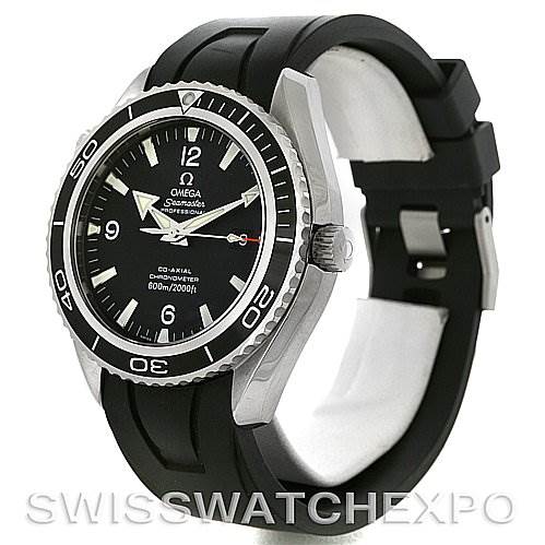 The image shows a side view of the Omega Planet Ocean 2900.50.91 Men
s Stainless Steel Black Dial 2900.50.91 Men
s Stainless Steel Black Dial watch, displaying the bezel, dial, crown, and black rubber strap.