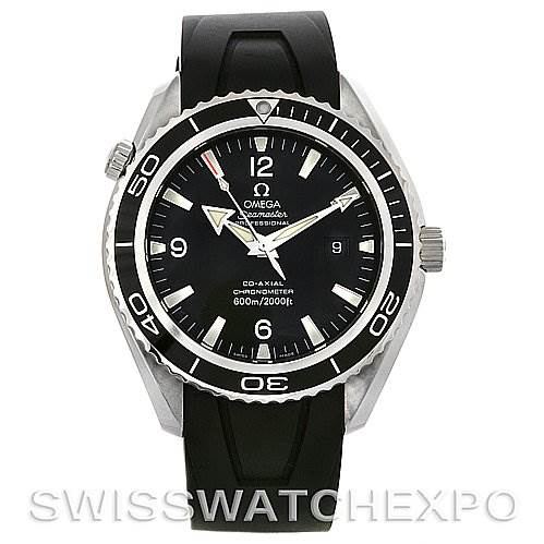 The image shows a front view of an Omega Planet Ocean 2900.50.91 Men
s Stainless Steel Black Dial 2900.50.91 Men
s Stainless Steel Black Dial watch, highlighting the black bezel, dial, and rubber strap.
