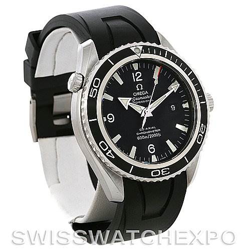 This image shows a front and side view of the Omega Planet Ocean 2900.50.91 Men
s Stainless Steel Black Dial 2900.50.91 Men
s Stainless Steel Black Dial watch with a black dial and black rubber strap.