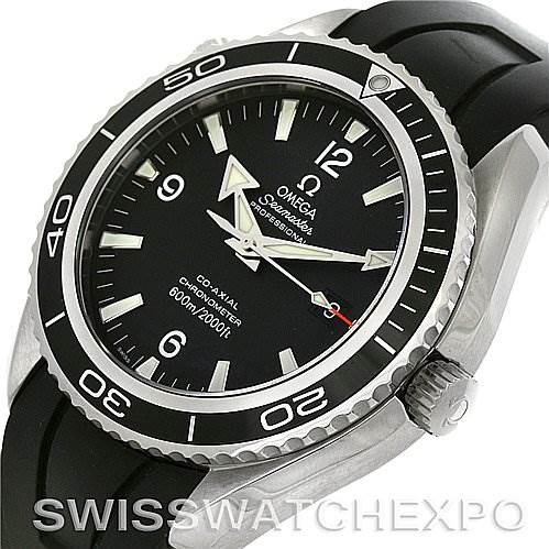 The image shows an Omega Planet Ocean 2900.50.91 Men
s Stainless Steel Black Dial 2900.50.91 Men
s Stainless Steel Black Dial watch at an angle, highlighting the bezel, dial, hands, crown, and rubber strap.