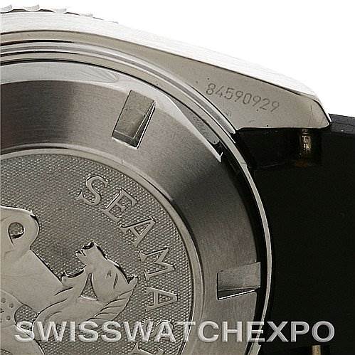 This image shows the back case and part of the strap of the Omega Planet Ocean 2900.50.91 Men
s Stainless Steel Black Dial 2900.50.91 Men
s Stainless Steel Black Dial watch, highlighting the "Seamaster" engraving.