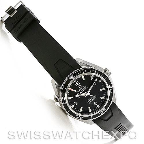 The image shows an overhead view of the Omega Planet Ocean 2900.50.91 Men
s Stainless Steel Black Dial 2900.50.91 Men
s Stainless Steel Black Dial watch with a black rubber strap and visible bezel, dial, and lugs.