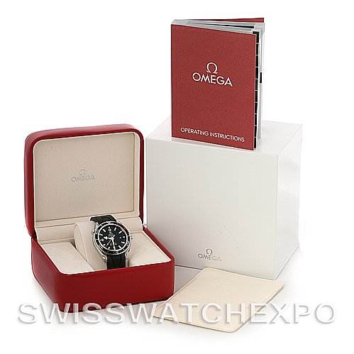 This image shows an Omega Planet Ocean 2900.50.91 Men
s Stainless Steel Black Dial 2900.50.91 Men
s Stainless Steel Black Dial watch in its box, alongside the operating instructions manual and outer packaging.