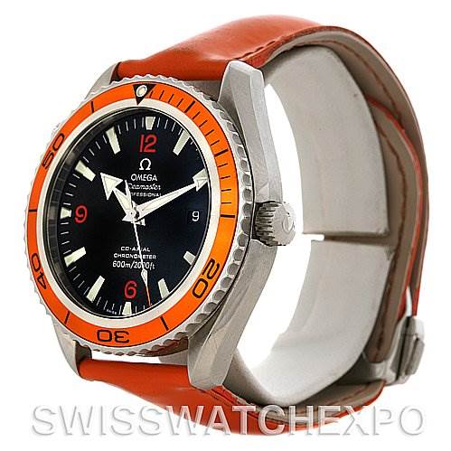 This image shows a side view of the Omega Planet Ocean 2908.50.83 Men's Stainless Steel Black Dial 2908.50.83 Men's Stainless Steel Black Dial watch, highlighting its orange bezel, crown, and matching orange strap.