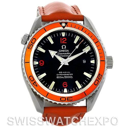 The image shows a front view of an Omega Planet Ocean 2908.50.83 Men's Stainless Steel Black Dial 2908.50.83 Men's Stainless Steel Black Dial watch featuring an orange bezel and a brown leather strap.