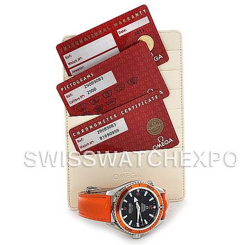 The image shows the Omega Planet Ocean 2908.50.83 Men's Stainless Steel Black Dial 2908.50.83 Men's Stainless Steel Black Dial watch with an orange strap, along with its warranty, pictograms, and chronometer certificate cards.