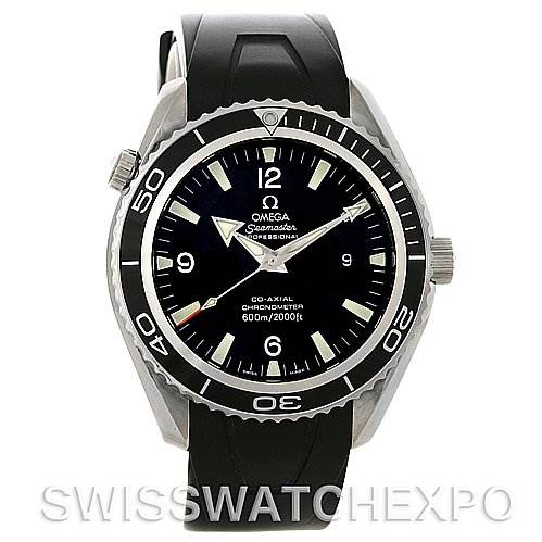 The image shows a front angle of the Omega Planet Ocean 2900.50.91 Men's Stainless Steel Black Dial 2900.50.91 Men's Stainless Steel Black Dial watch, highlighting its dial, bezel, and rubber strap.