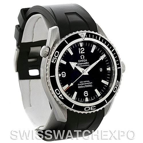 The image shows the front and side angle of an Omega Planet Ocean 2900.50.91 Men's Stainless Steel Black Dial 2900.50.91 Men's Stainless Steel Black Dial watch, highlighting the bezel, dial, and strap.