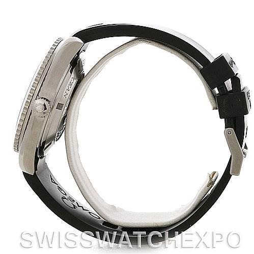 The image shows a side view of the Omega Planet Ocean 2900.50.91 Men's Stainless Steel Black Dial 2900.50.91 Men's Stainless Steel Black Dial watch, displaying the bezel, side casing, and rubber strap.