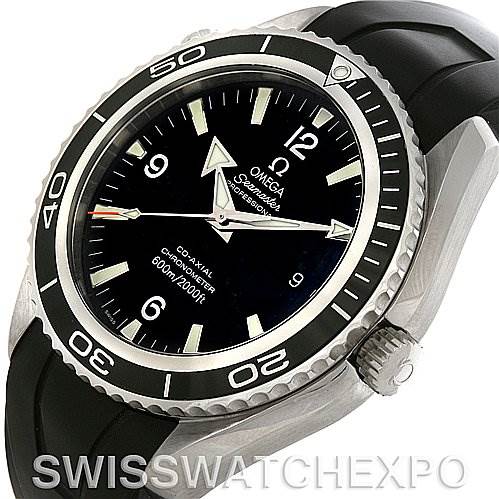 The image shows a close-up view of the Omega Planet Ocean 2900.50.91 Men's Stainless Steel Black Dial 2900.50.91 Men's Stainless Steel Black Dial watch, highlighting the face, bezel, and part of the rubber strap.