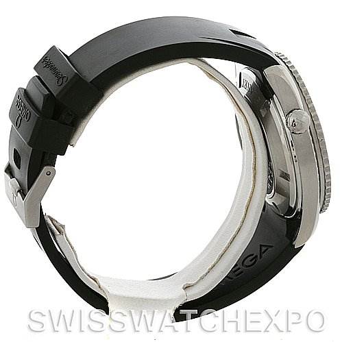 The image shows a side view of an Omega Planet Ocean 2900.50.91 Men's Stainless Steel Black Dial 2900.50.91 Men's Stainless Steel Black Dial watch, highlighting the black strap, clasp, and a partial view of the watch case.