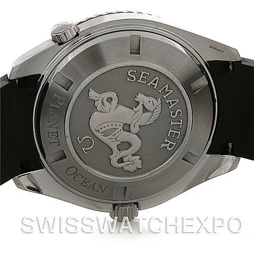 The image shows the case back of the Omega Planet Ocean 2900.50.91 Men's Stainless Steel Black Dial 2900.50.91 Men's Stainless Steel Black Dial Seamaster watch.