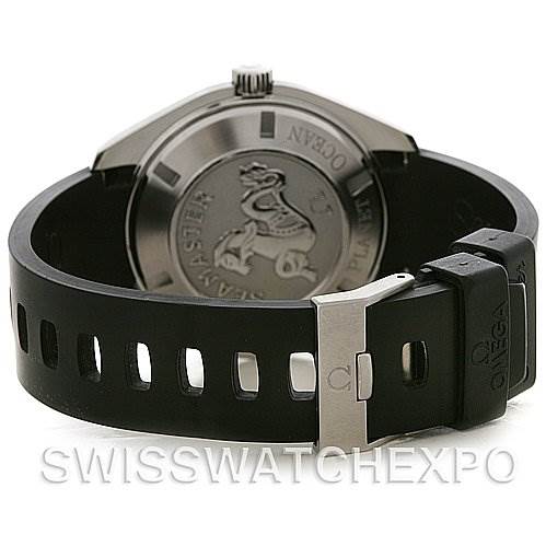 The image shows the back case and rubber strap of an Omega Planet Ocean 2900.50.91 Men's Stainless Steel Black Dial 2900.50.91 Men's Stainless Steel Black Dial watch, highlighting the clasp and the embossed design on the back.