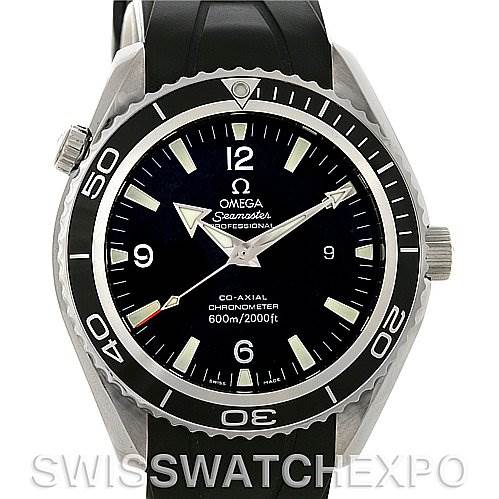 The image shows the front view of an Omega Planet Ocean 2900.50.91 Men's Stainless Steel Black Dial 2900.50.91 Men's Stainless Steel Black Dial watch, including the bezel, dial, hands, and markers, with a rubber strap.