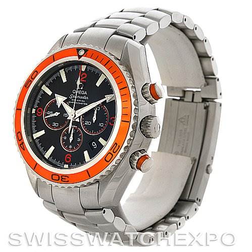 The image shows an Omega Planet Ocean 2218.50.00 Men
s Stainless Steel Black Dial 2218.50.00 Men
s Stainless Steel Black Dial watch at a three-quarter angle, highlighting the face, bezel, crown, and part of the bracelet.