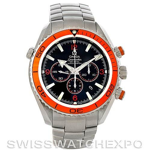 This image shows a front view of the Omega Planet Ocean 2218.50.00 Men
s Stainless Steel Black Dial 2218.50.00 Men
s Stainless Steel Black Dial watch, displaying its dial, bezel, chronograph subdials, and bracelet.