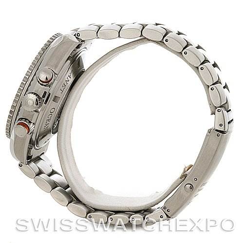 The image shows a side view of the Omega Planet Ocean 2218.50.00 Men
s Stainless Steel Black Dial 2218.50.00 Men
s Stainless Steel Black Dial watch, highlighting the metal bracelet, bezel, crown, and pushers.