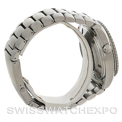 The image shows the side view of the Omega Planet Ocean 2218.50.00 Men
s Stainless Steel Black Dial 2218.50.00 Men
s Stainless Steel Black Dial watch, highlighting its bracelet, case, and crown.