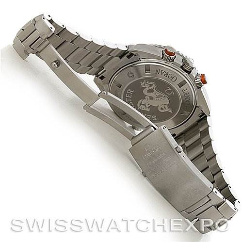 The image shows the back view of the Omega Planet Ocean 2218.50.00 Men
s Stainless Steel Black Dial 2218.50.00 Men
s Stainless Steel Black Dial watch, highlighting the clasp and case back with engravings.