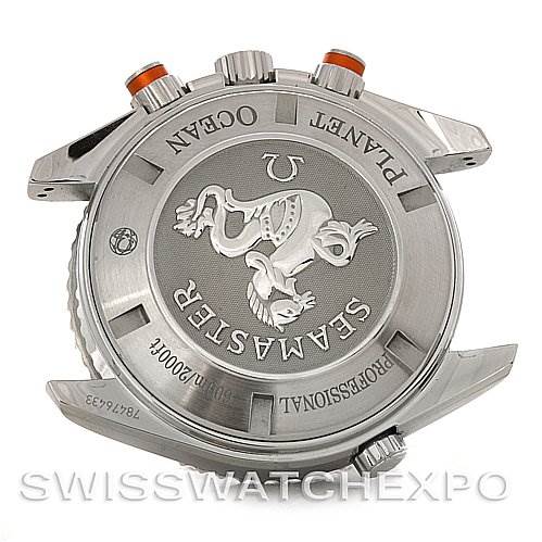 The image shows the back case of an Omega Planet Ocean 2218.50.00 Men
s Stainless Steel Black Dial 2218.50.00 Men
s Stainless Steel Black Dial watch, displaying the Seamaster logo and the model details.