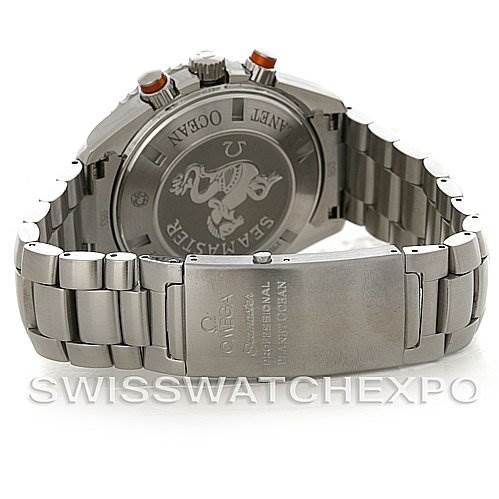 The image shows the back and bracelet of the Omega Planet Ocean 2218.50.00 Men
s Stainless Steel Black Dial 2218.50.00 Men
s Stainless Steel Black Dial watch, including the clasp and caseback detailing.