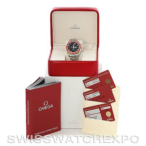 The image shows an Omega Planet Ocean 2218.50.00 Men
s Stainless Steel Black Dial 2218.50.00 Men
s Stainless Steel Black Dial watch in its box, along with operating instructions and certification cards.