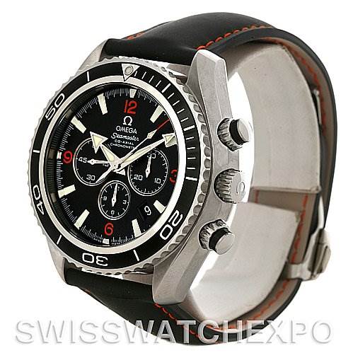 This image shows a side angle of the Omega Planet Ocean 2910.51.82 Men's Stainless Steel Black Dial 2910.51.82 Men's Stainless Steel Black Dial watch, highlighting the face, bezel, crown, and pushers.