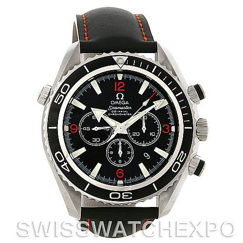 The image shows a front view of the Omega Planet Ocean 2910.51.82 Men's Stainless Steel Black Dial 2910.51.82 Men's Stainless Steel Black Dial watch, highlighting its bezel, dial, hands, and chronograph subdials.