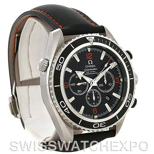 The Omega Planet Ocean 2910.51.82 Men's Stainless Steel Black Dial 2910.51.82 Men's Stainless Steel Black Dial watch is displayed at a three-quarter angle, showcasing the face, bezel, crown, and part of the leather strap.