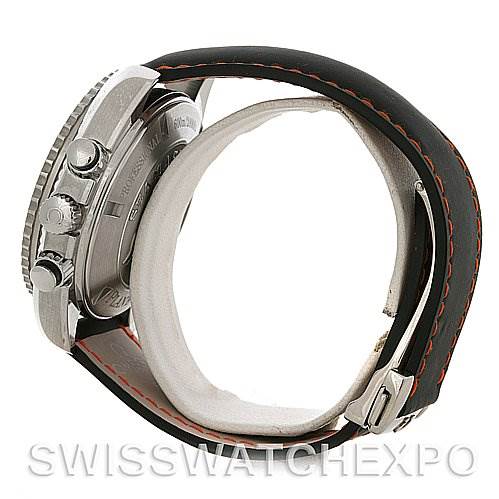 The image shows the side view of an Omega Planet Ocean 2910.51.82 Men's Stainless Steel Black Dial 2910.51.82 Men's Stainless Steel Black Dial watch, highlighting the crown, pushers, and leather strap with red stitching.