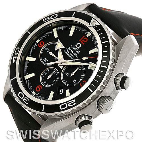The image shows an Omega Planet Ocean 2910.51.82 Men's Stainless Steel Black Dial 2910.51.82 Men's Stainless Steel Black Dial watch angled to display the face, bezel, crown, and chronograph pushers.