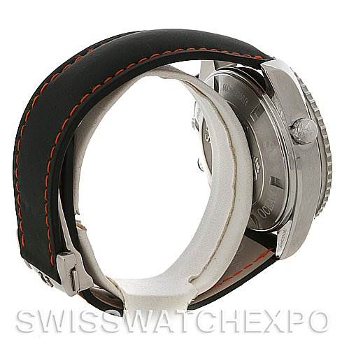 The image shows a side view of the Omega Planet Ocean 2910.51.82 Men's Stainless Steel Black Dial 2910.51.82 Men's Stainless Steel Black Dial watch, highlighting the case back, side of the case, and part of the leather strap.