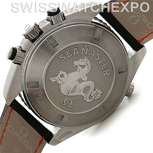 The image shows the back case of an Omega Seamaster Planet Ocean watch, highlighting its engraved logo and metal casing.