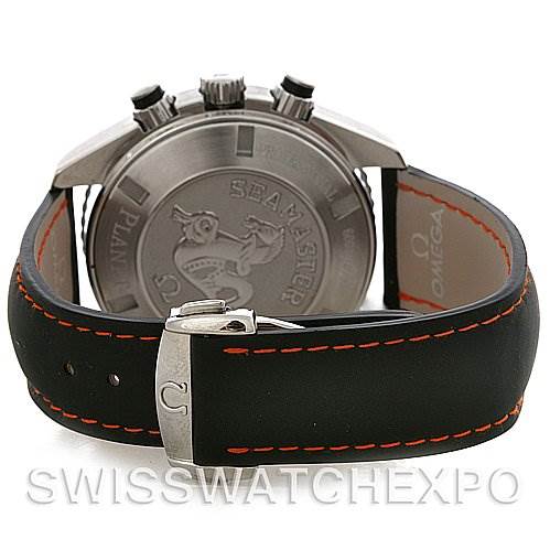 This image shows the rear view of an Omega Planet Ocean 2910.51.82 Men's Stainless Steel Black Dial 2910.51.82 Men's Stainless Steel Black Dial watch, highlighting the case back, strap, and clasp.