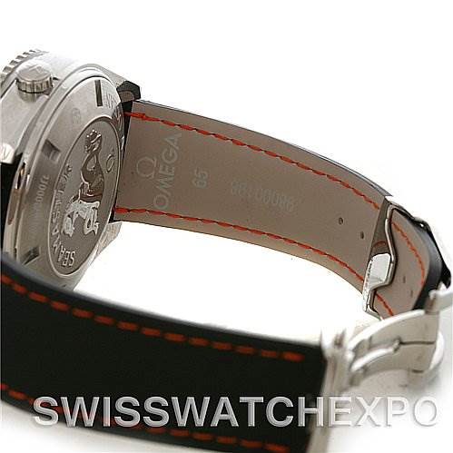 The image shows the back angle of the Omega Planet Ocean 2910.51.82 Men's Stainless Steel Black Dial 2910.51.82 Men's Stainless Steel Black Dial watch, highlighting the case back, strap, and buckle.