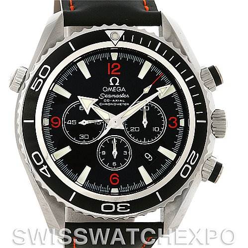 This image displays a front view of the Omega Seamaster Planet Ocean watch, highlighting the bezel, crown, and dial with sub-dials.