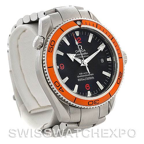 This image shows an Omega Planet Ocean 2909.50 Men's Stainless Steel Black Dial 2909.50 Men's Stainless Steel Black Dial watch at a front-side angle, highlighting its orange bezel and stainless steel bracelet.
